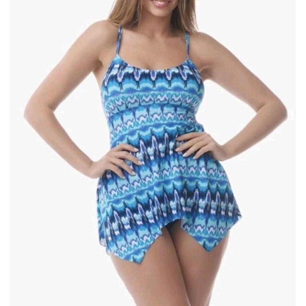 Sharkbite Tankini Sea & Sand Beachwear Size 22W Blue Chevron  Padded New Pool
